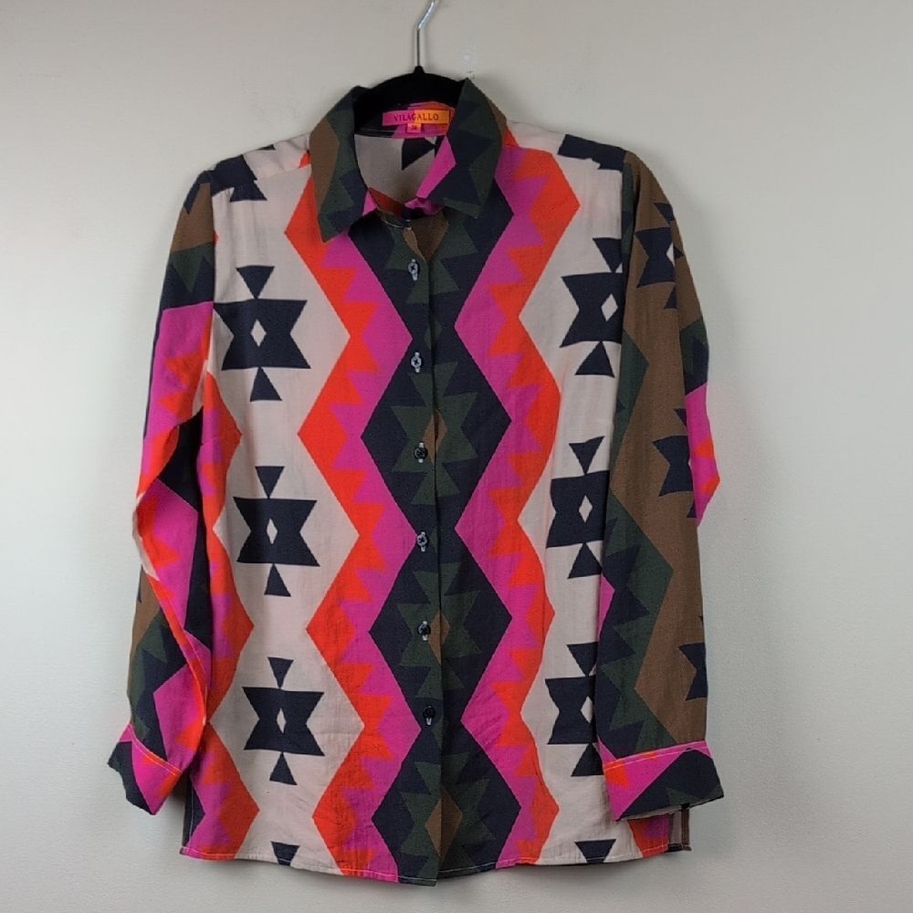 Villgallo Irina Southwestern Geometric Print Button Front Blouse Top Size EU38